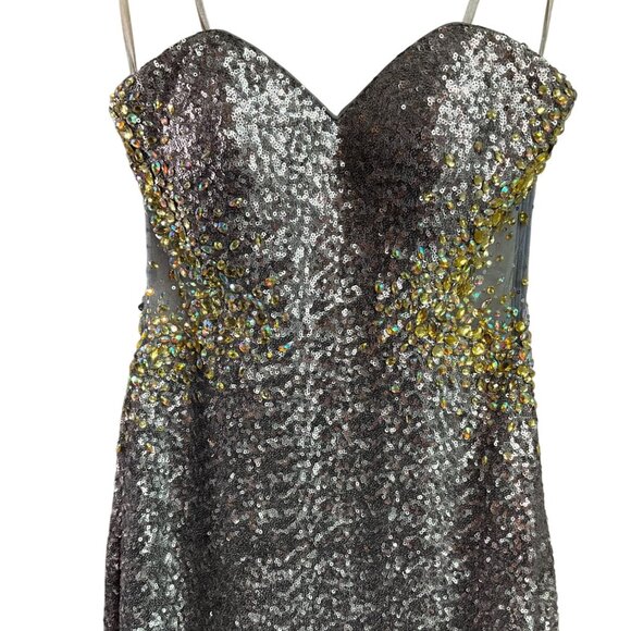 La Femme 4 Sequin Rhinsetone Strapless Gown Dress Silver Gold Old Money Sheer - Picture 5 of 15